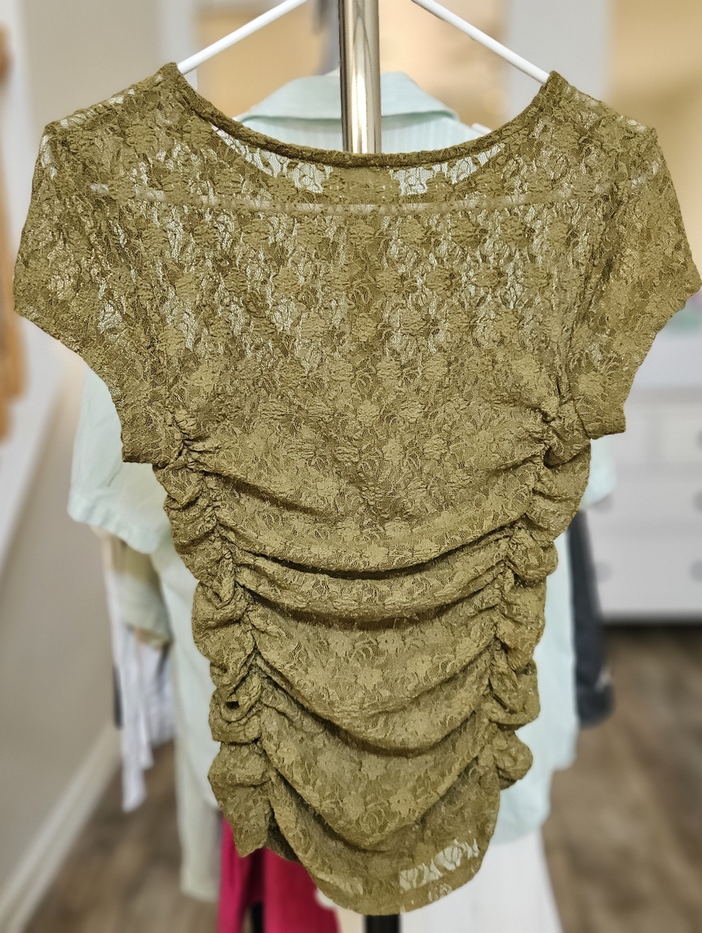 Free People Olive Lace Ruched Short-Sleeve Top